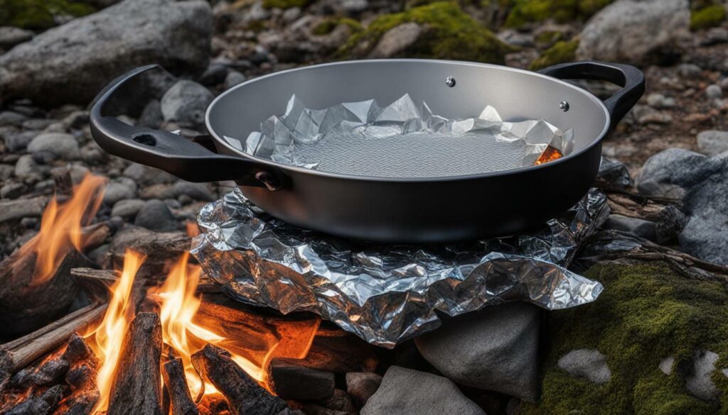 improvised frying pan with aluminium foil